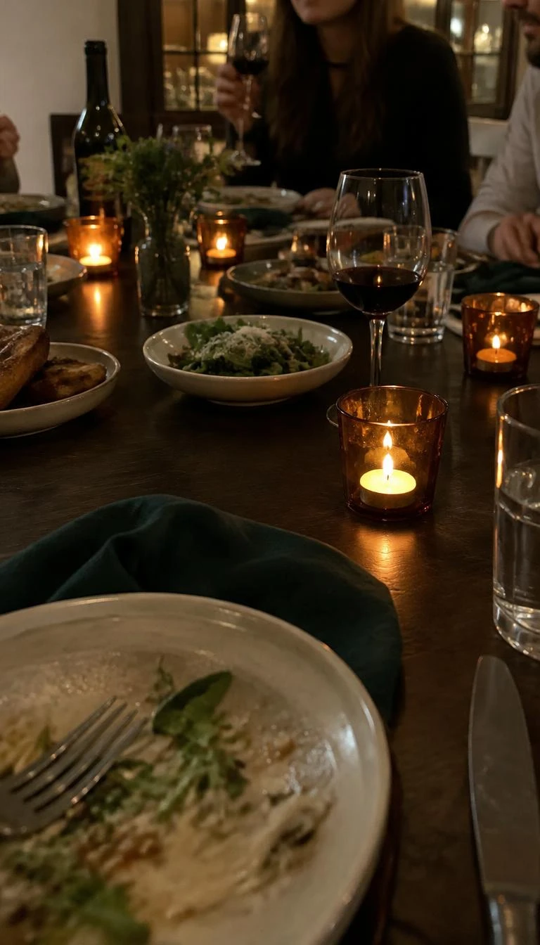 A candid, realistic iPhone photograph of a dark wood dining table set with small amber glass candleholders glowing with tea lights, dark green cloth napkins, casual dinner gathering atmosphere.