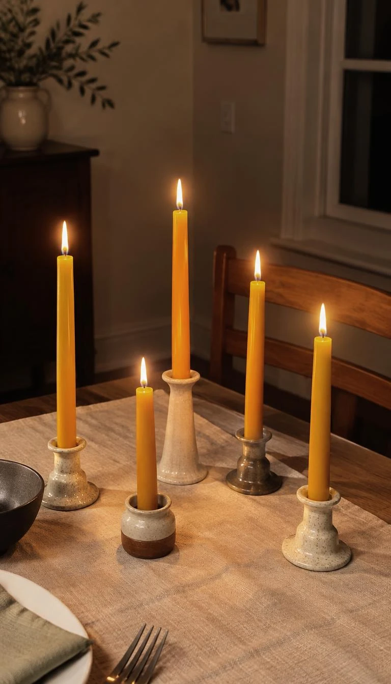 A candid, realistic iPhone photograph of a wooden dining table corner featuring five golden yellow beeswax taper candles in mixed ceramic holders, soft flickering flames, warm evening shadows, linen tablecloth visible.