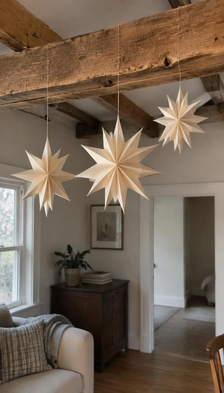 A candid, realistic iPhone photograph of three cream colored paper folded dimensional accordion stars hanging at varying heights from an exposed timber ceiling beam in a quiet living space.