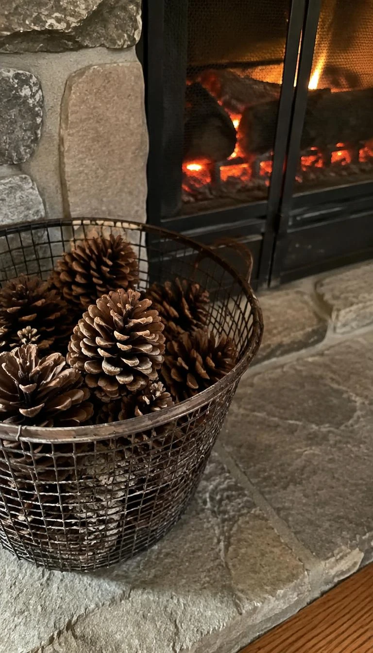 A candid, realistic iPhone photograph of an oxidized wire basket filled with large natural pinecones resting beside a stone fireplace hearth, warm glowing embers nearby.
