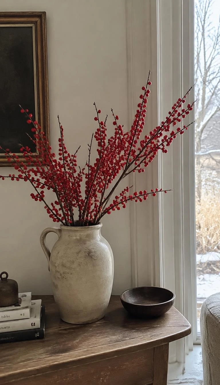 A candid, realistic iPhone photograph of a rustic cream stoneware jug filled with bright red winterberry branches on a side table, natural winter light, simple quiet interior.