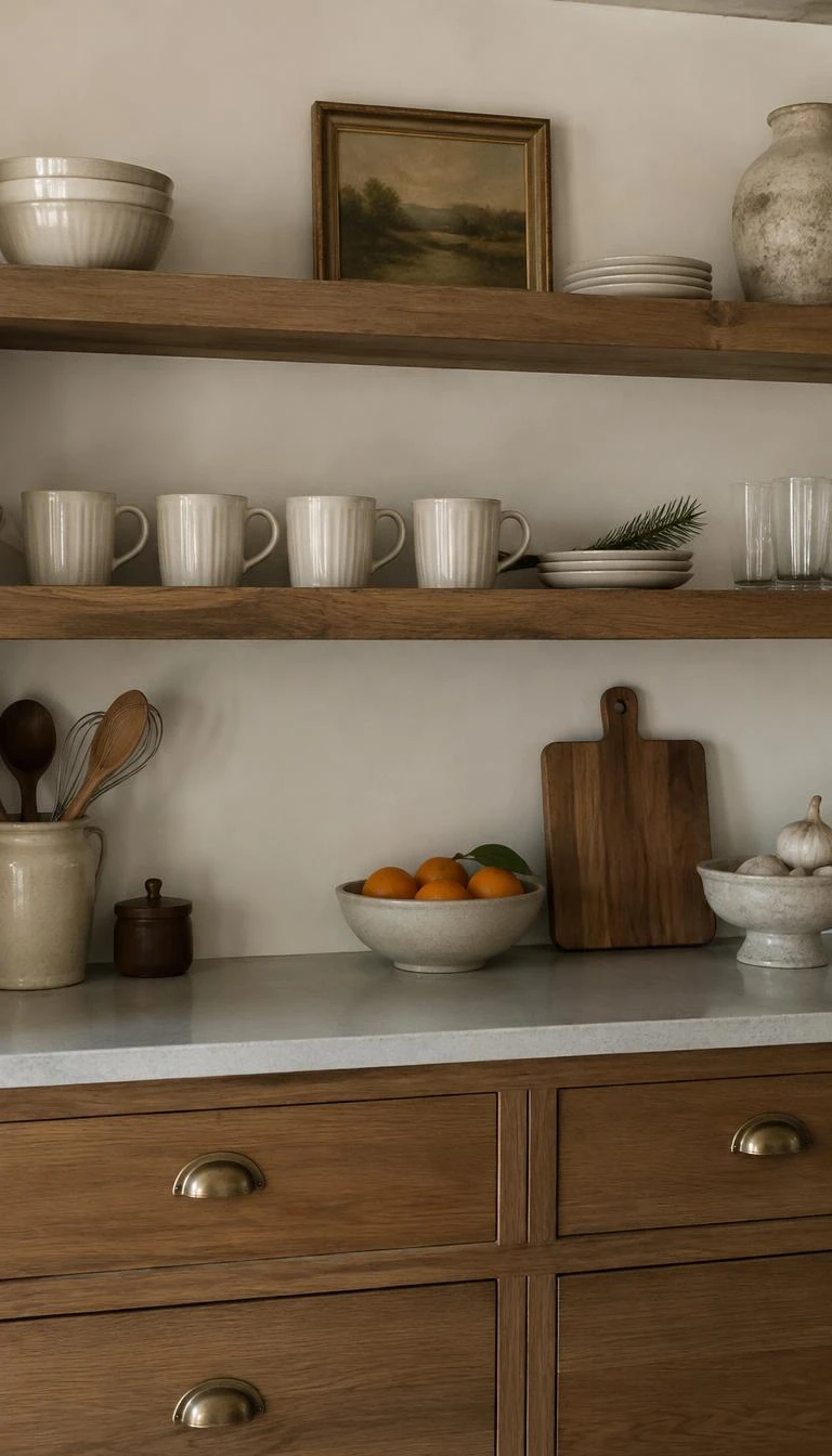 A candid, realistic iPhone photograph of open rustic kitchen shelves lined with matte oatmeal colored fluted ceramic mugs, a small sprig of pine resting on a plate, warm wooden cabinetry below.