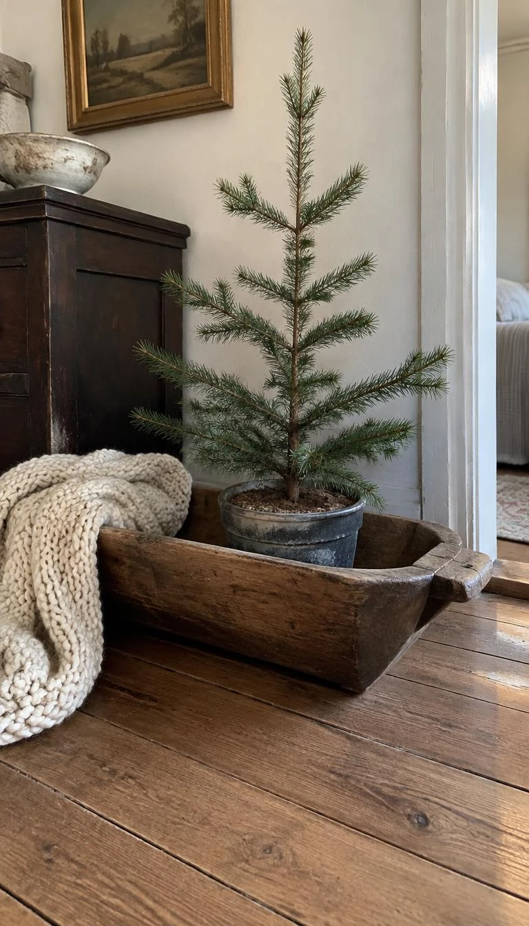 A candid, realistic iPhone photograph of a small potted pine tree resting inside an antique hand carved wooden dough bowl on a rustic wide plank wood floor, cozy knit blanket nearby.
