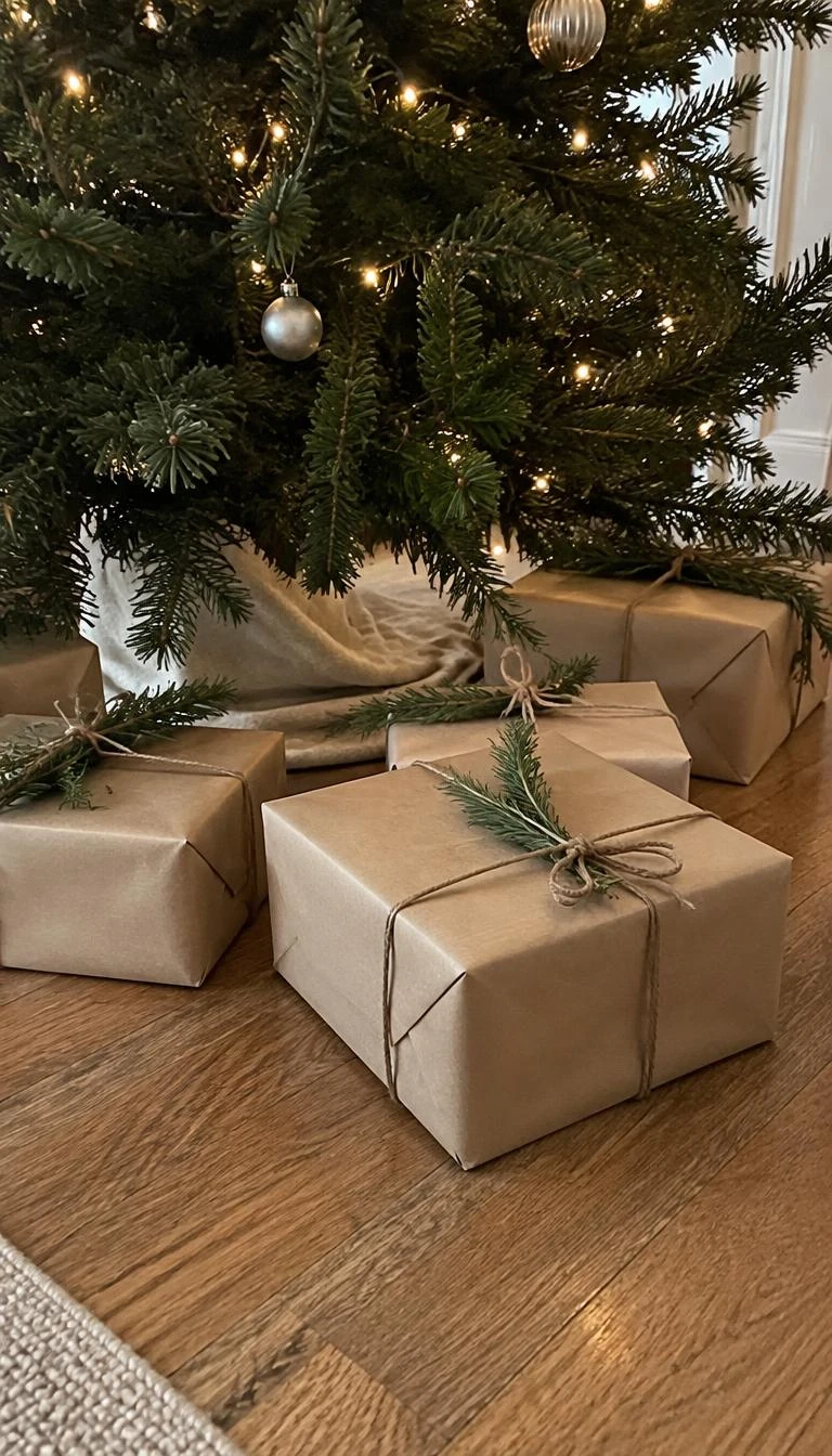 A candid, realistic iPhone photograph of wrapped holiday gifts under a tree on a wood floor, wrapped in plain brown kraft paper with simple jute twine and sprigs of dried rosemary.