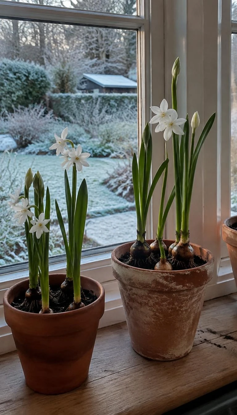 A candid, realistic iPhone photograph of aged terracotta pots holding sprouting paperwhite bulbs with slender green stems on a wide wooden windowsill, frosty winter garden visible outside.