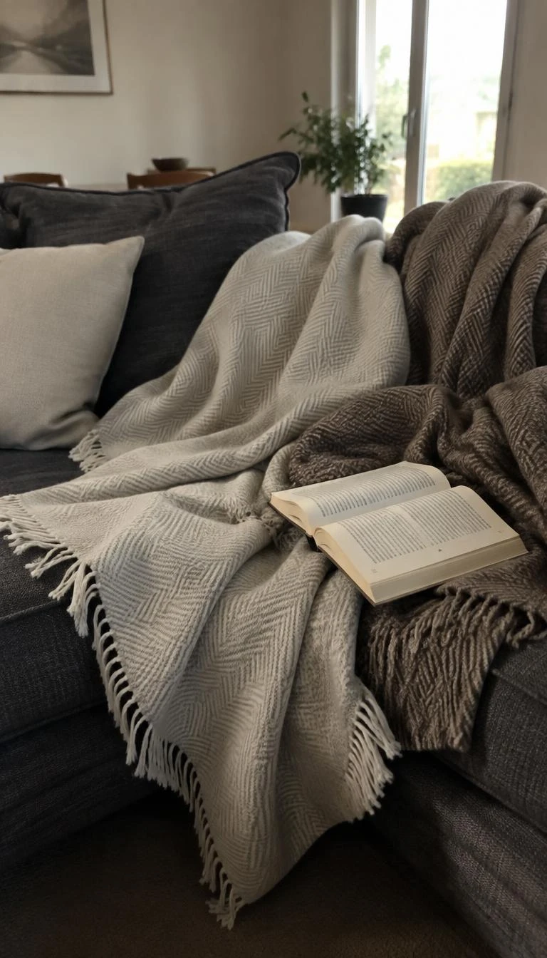 A candid, realistic iPhone photograph of a charcoal linen sofa piled with thick herringbone wool blankets in cream and taupe tones, a book resting open, gentle ambient daylight.