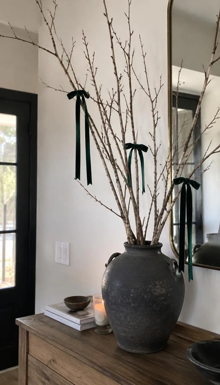 A candid, realistic iPhone photograph of tall bare birch twigs in a dark stoneware urn on an entryway console, accented with thin forest green velvet ribbons tied in loose bows, natural window lighting.