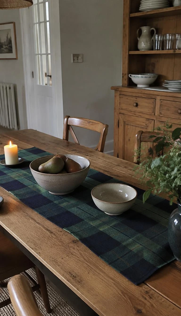 A candid, realistic iPhone photograph of a rustic dining table covered down the center with a folded muted green and navy tartan wool blanket, simple stoneware bowls on top.