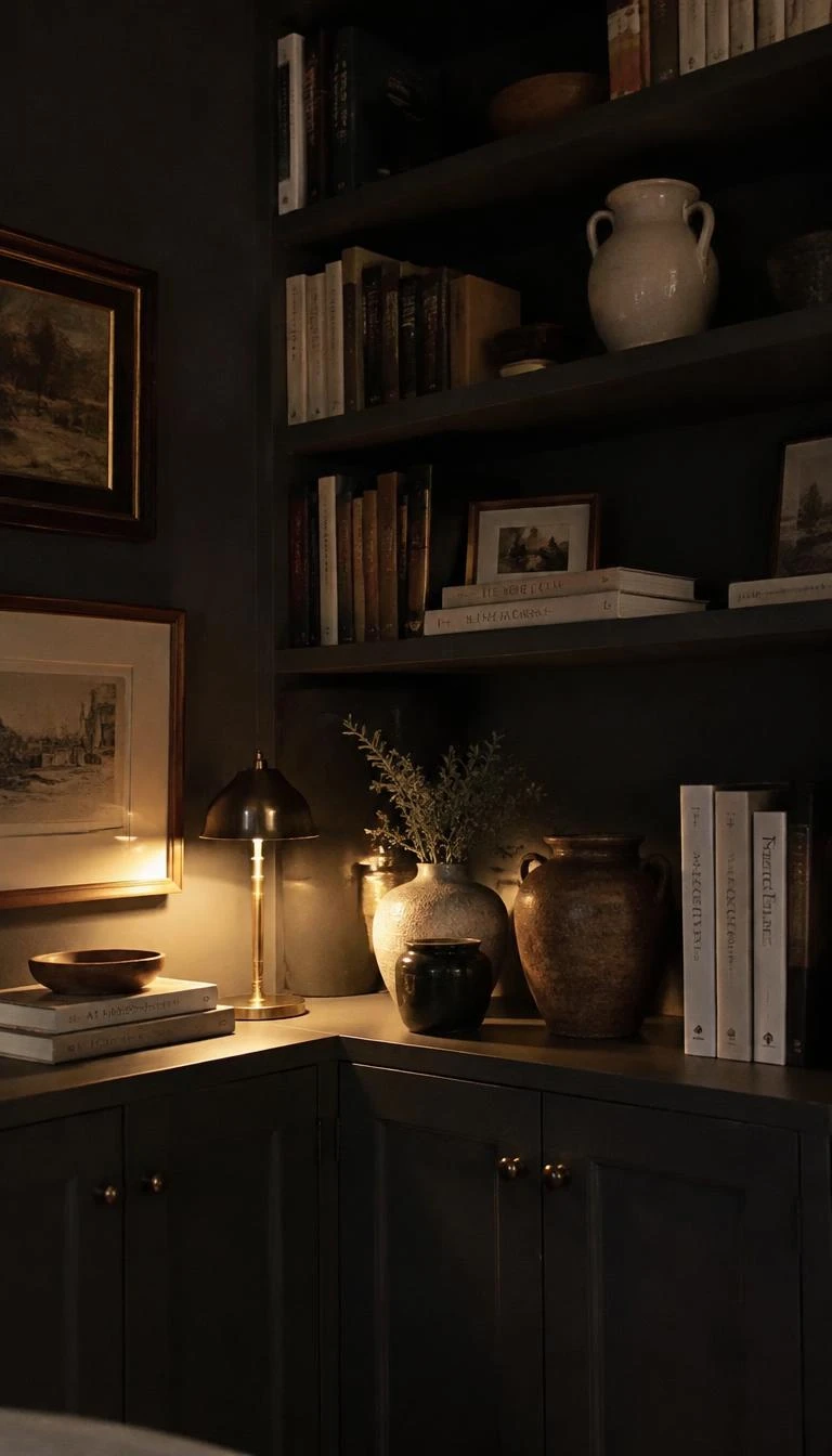 A candid, realistic iPhone photograph of a low cordless brass table lamp illuminating dark painted bookshelves filled with books and ceramic vessels, moody cozy evening scene.