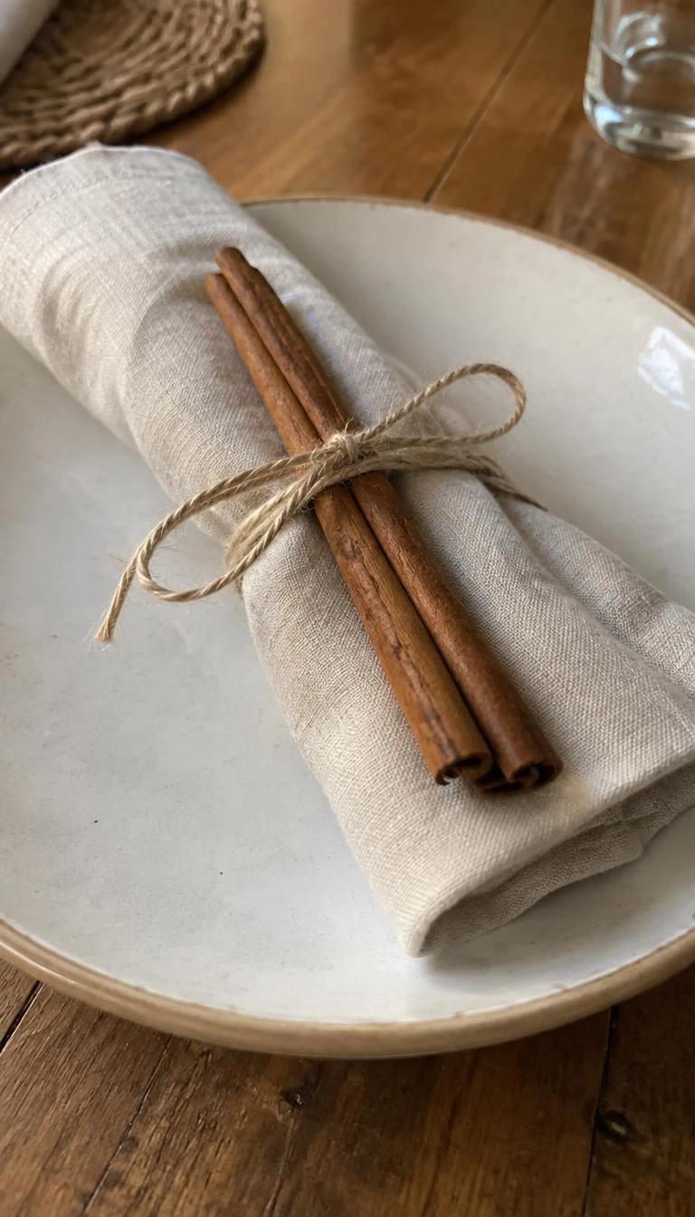 A candid, realistic iPhone photograph of a washed oatmeal linen napkin rolled with two whole cinnamon sticks secured by a raw twine tie, sitting on a ceramic dinner plate.