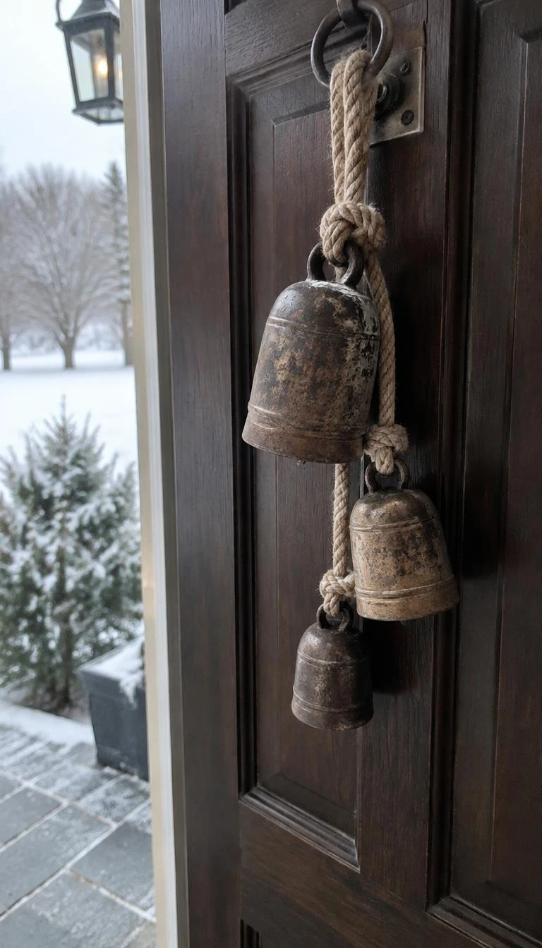 A candid, realistic iPhone photograph of a dark wood front door adorned with three weathered iron bells hanging from a thick hemp cord, soft snowy backdrop outdoors.