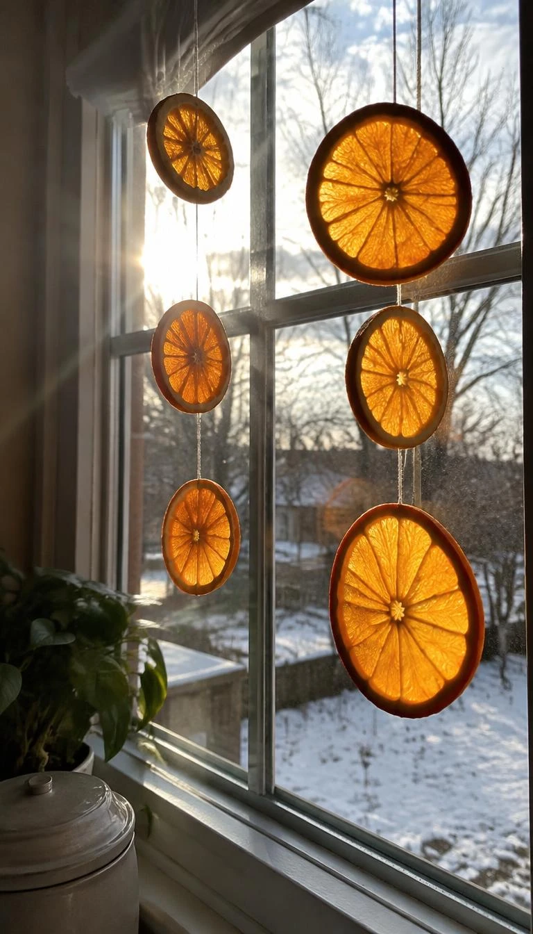 A candid, realistic iPhone photograph of translucent dried orange slices strung on invisible thread hanging in a kitchen window, bright low winter sun shining through the fruit flesh.