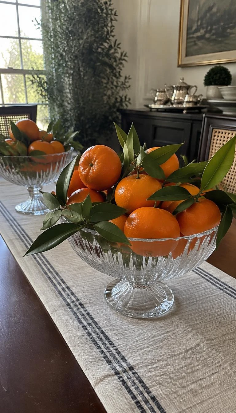 A candid, realistic iPhone photograph of a holiday dining table centerpiece, clear fluted glass bowls filled with bright orange clementines and fresh dark green bay leaves, illuminated by soft window daylight.