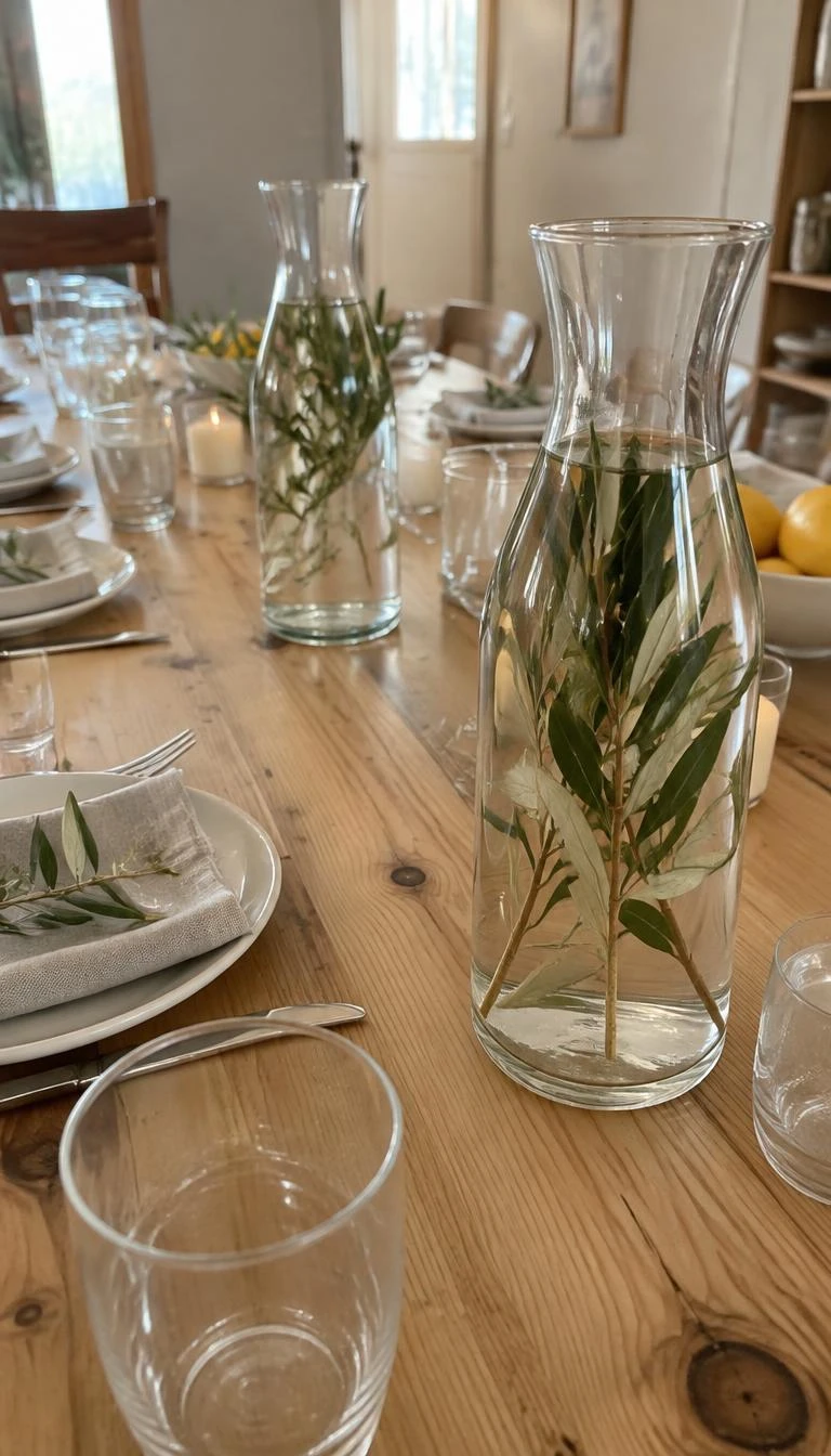 A candid, realistic iPhone photograph of a holiday dining table, tall clear glass carafes filled with water holding submerged green olive branches, set on a bare light pine table, gentle morning light.