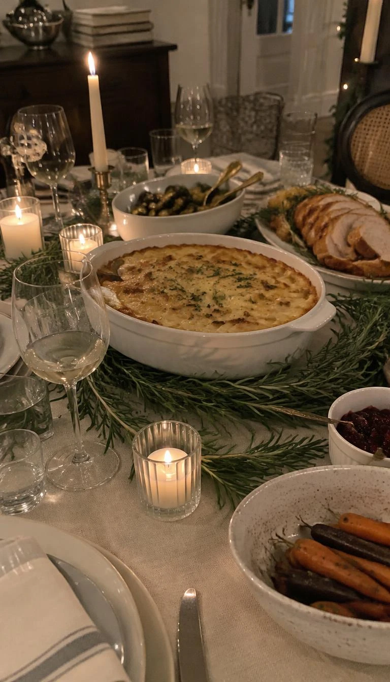 A candid, realistic iPhone photograph of a festive dining table spread, fresh rosemary garlands wrapped loosely around heavy white ceramic serving dishes, surrounded by clear glassware and warm candlelight, casual angle.