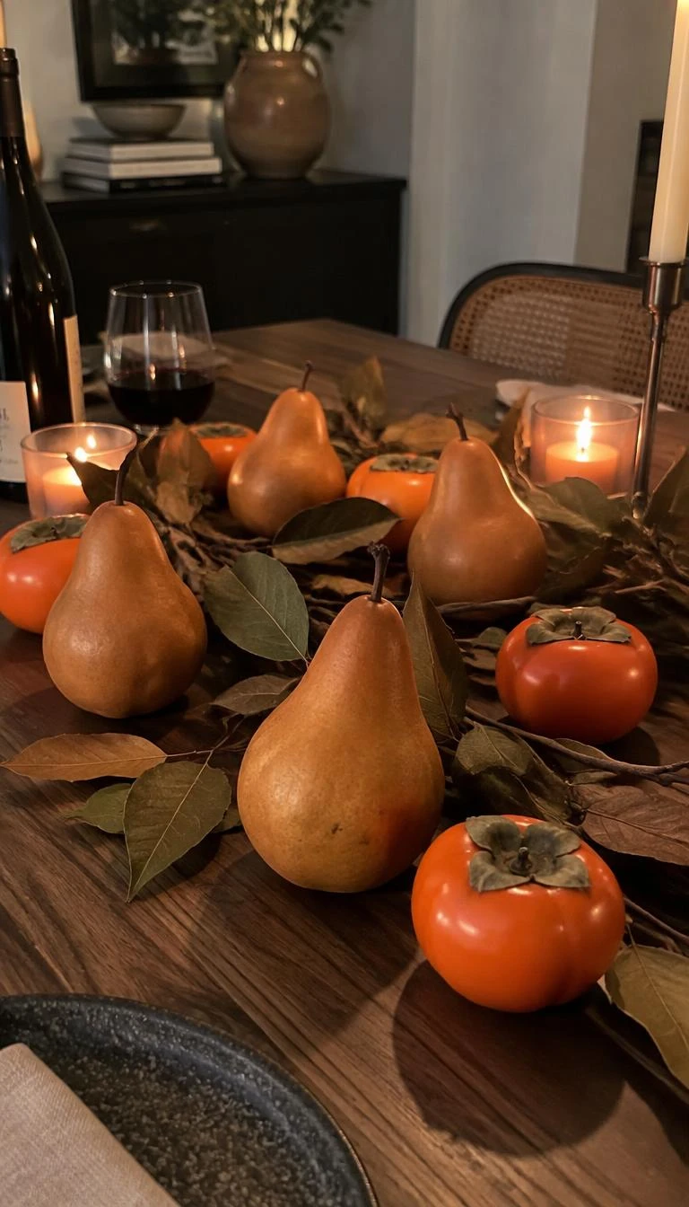 A candid, realistic iPhone photograph of a dining table centerpiece, ripe brown bosc pears and bright orange persimmons scattered loosely among dried bay leaves on an unpolished walnut table, cozy candle atmosphere.