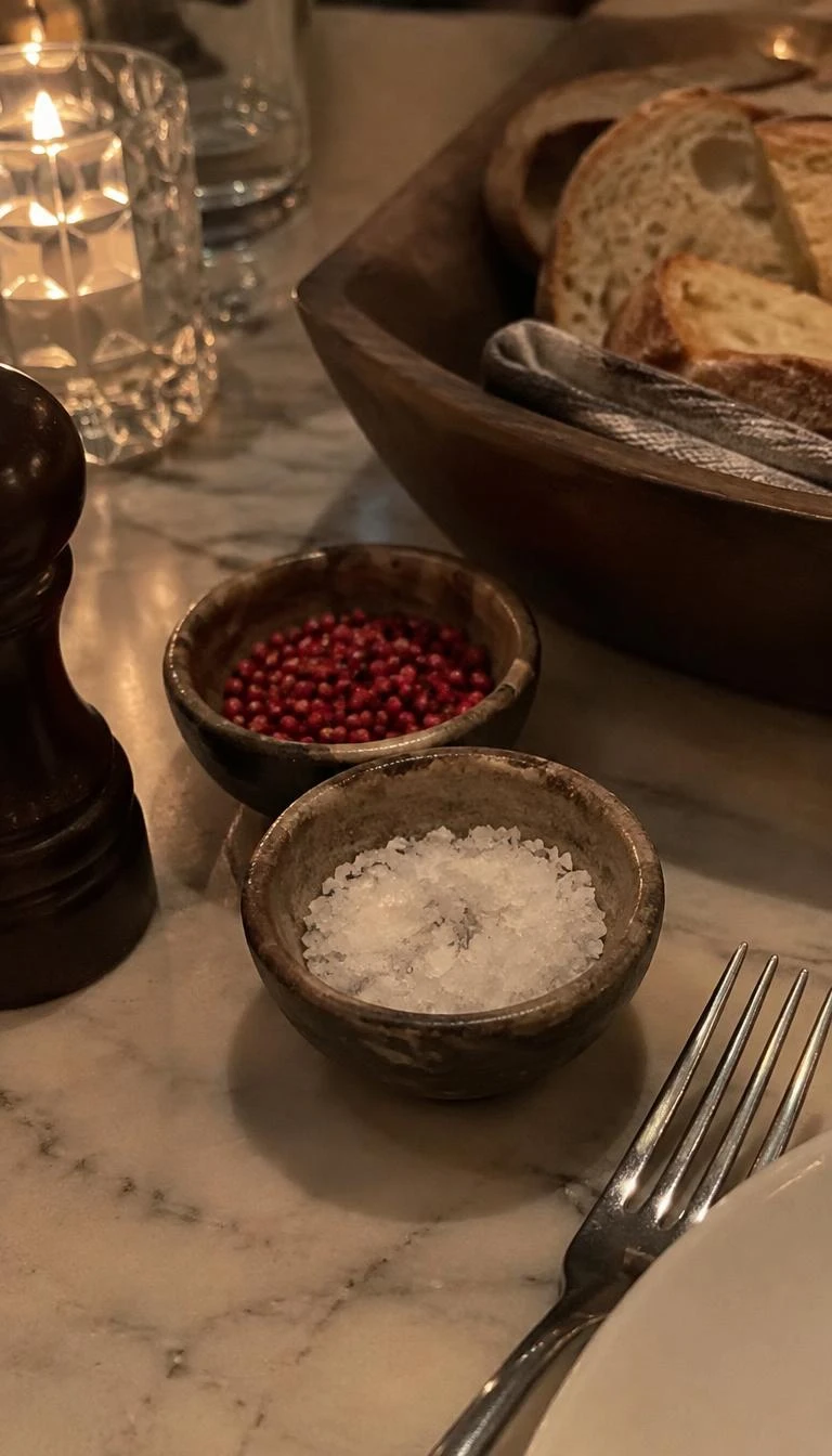 A candid, realistic iPhone photograph of a dining table setting, tiny rough ceramic bowls containing flaky white sea salt and whole pink peppercorns, resting near fresh bread and cutlery, soft warm lighting.