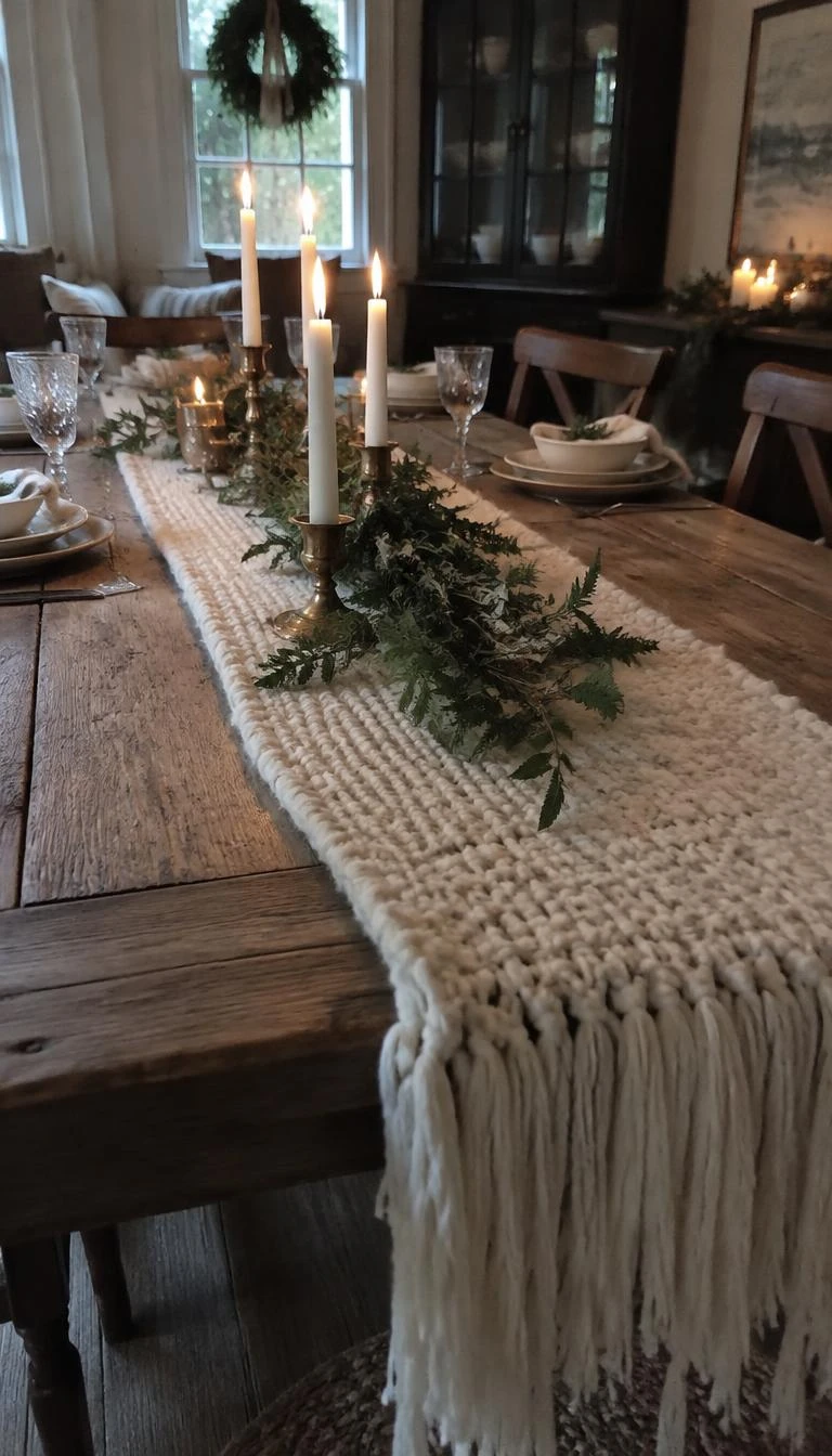 A candid, realistic iPhone photograph of a rustic dining table, a heavy fringed cream wool blanket draped down the center as a runner, topped with brass candle holders and green sprigs, cozy winter ambiance.