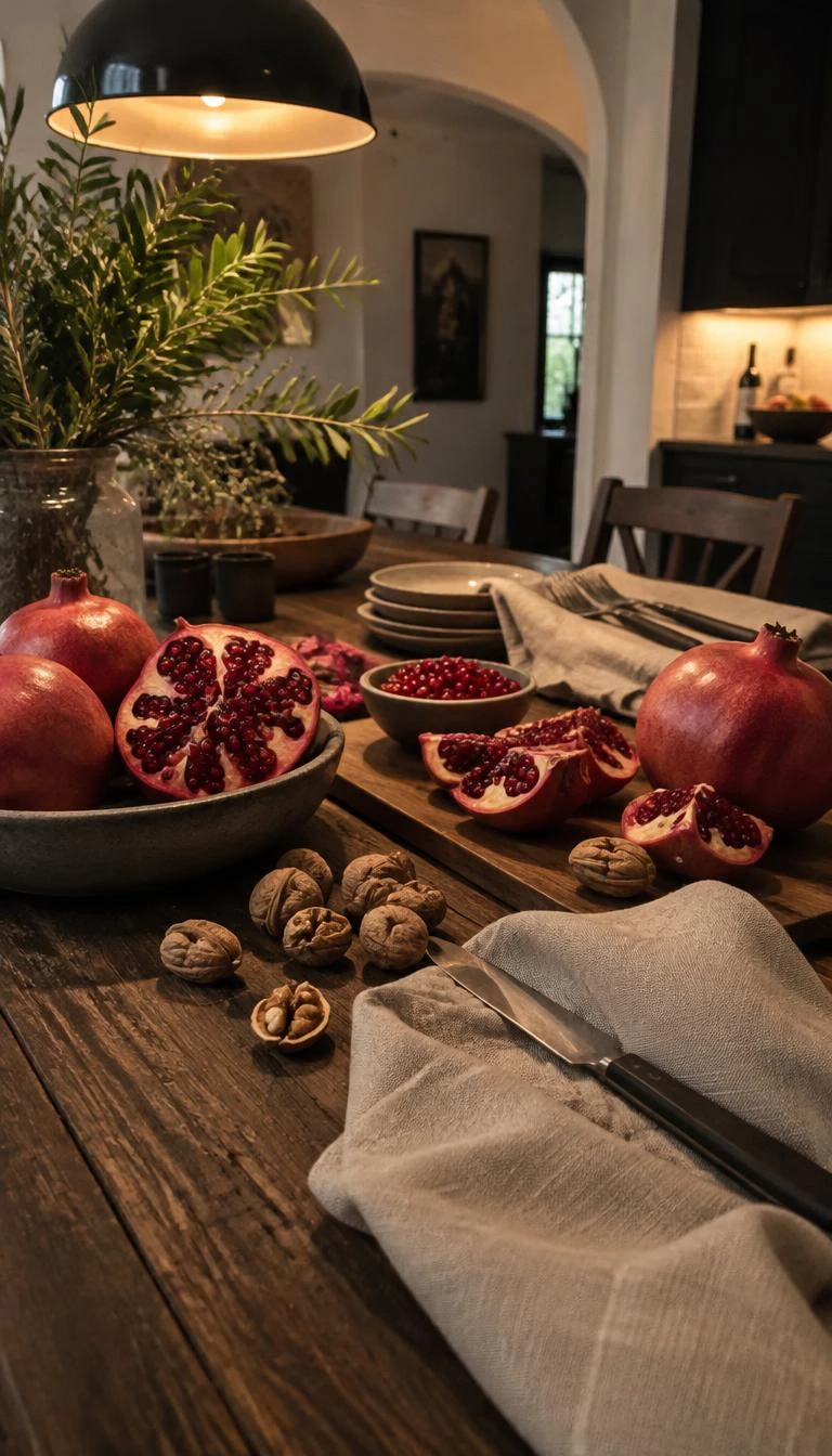 A candid, realistic iPhone photograph of a rustic dining table center, displaying sliced and whole pomegranates, cracked English walnuts, raw linen napkins, and heavy dark cutlery, soft overhead pendant lighting.