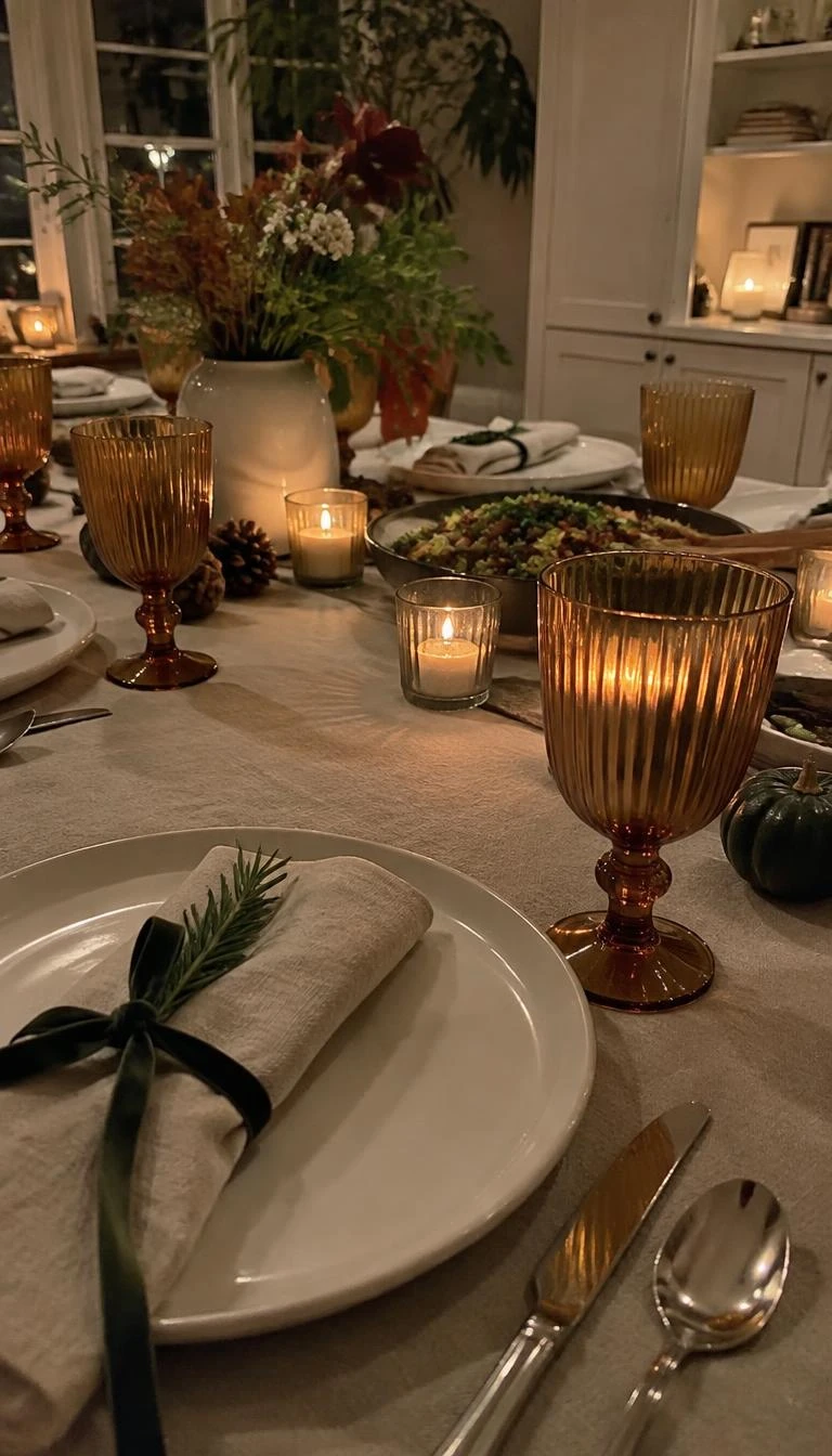 A candid, realistic iPhone photograph of a holiday table setting, featuring ribbed amber water goblets standing next to plain white ceramic plates, linen napkins, and small votive candles, warm atmospheric mood.