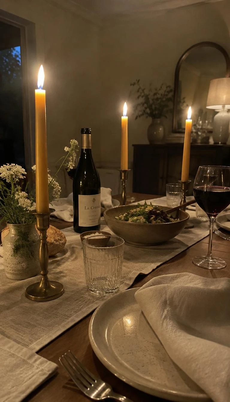 A candid, realistic iPhone photograph of an evening dining table setting, slender honey colored beeswax tapers glowing in low brass holders, unpressed linen napkins, and simple stoneware plates, warm gentle shadows.