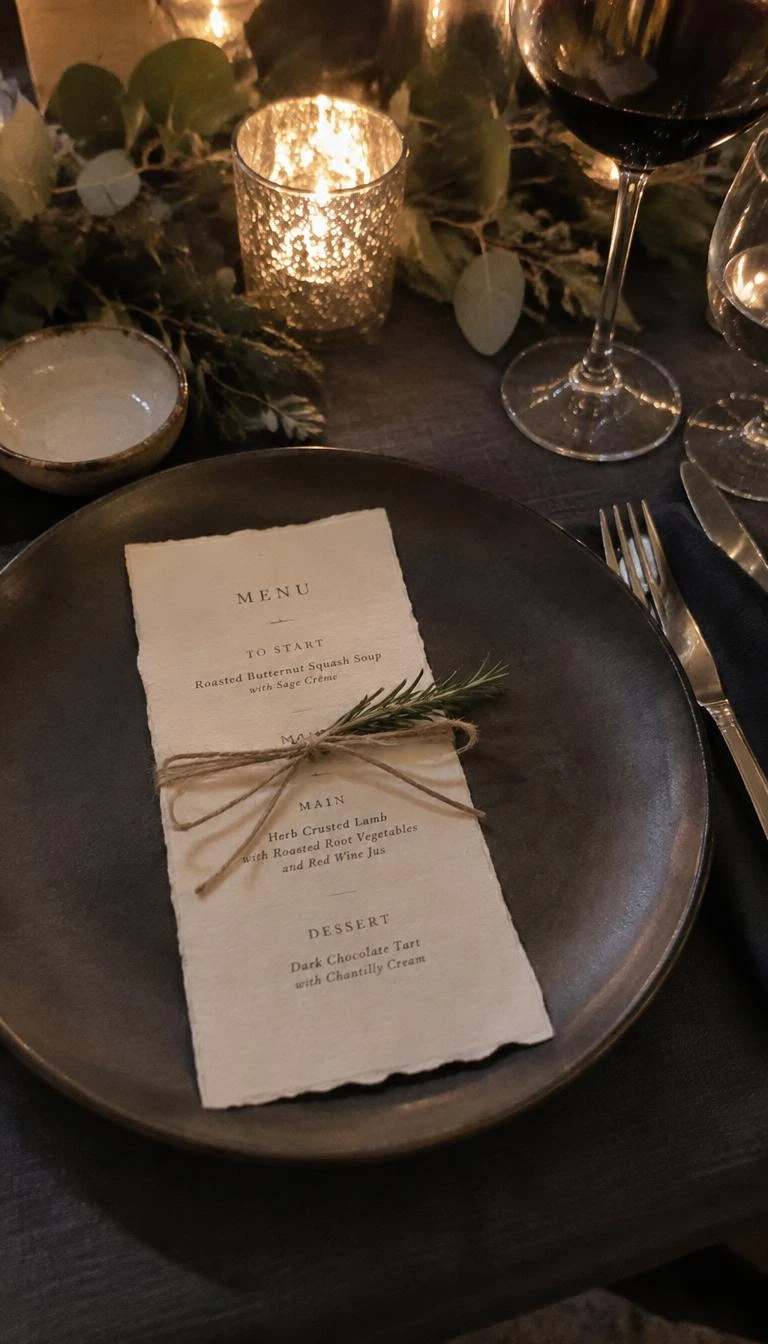 A candid, realistic iPhone photograph of a holiday place setting, featuring a single torn edge cotton paper menu card resting on a dark stoneware plate, tied with natural jute string, cozy candlelight reflections.