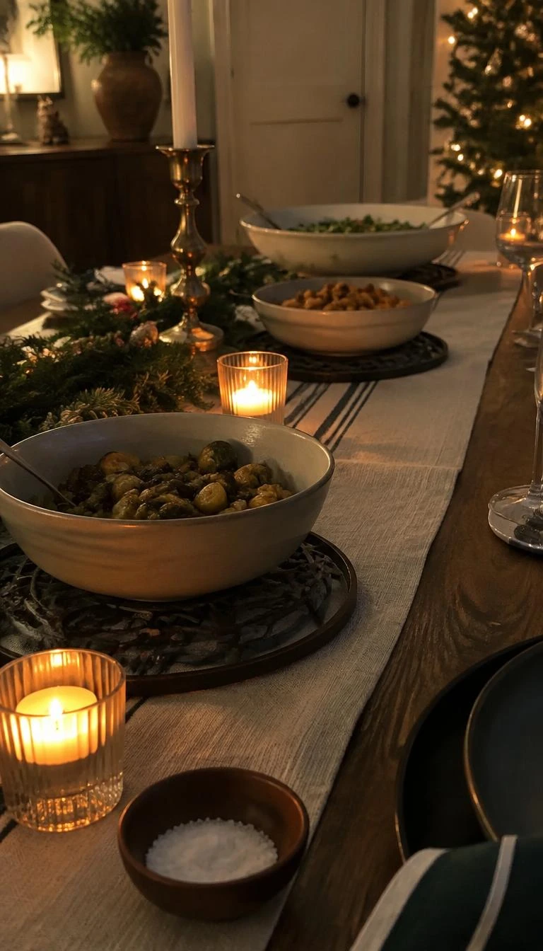 A candid, realistic iPhone photograph of a Christmas dining table, round vintage cast iron trivets resting on a linen table runner, holding stoneware bowls and small candles, moody warm evening light.