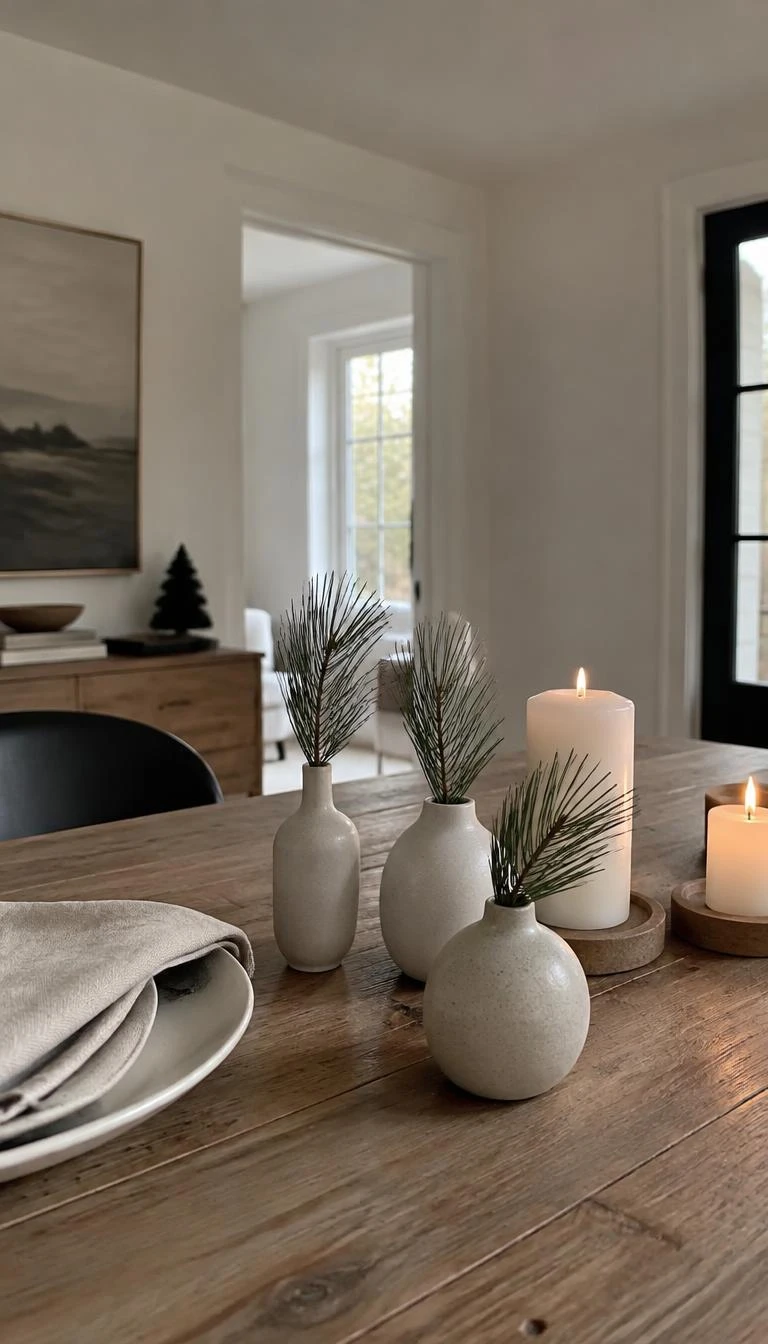 A candid, realistic iPhone photograph of a dining table, three small matte stoneware bud vases holding single long pine needle sprigs, placed beside white candles on raw wood, clean minimalist aesthetic.