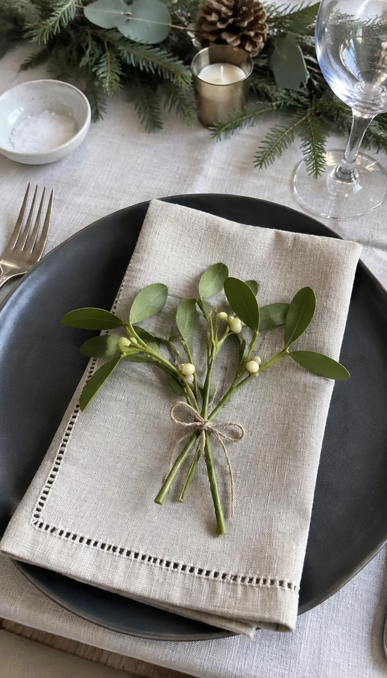 A candid, realistic iPhone photograph of a Christmas dining place setting, showing a small tied sprig of green mistletoe on an unbleached hemstitched linen napkin, resting on a charcoal gray plate, daylight.