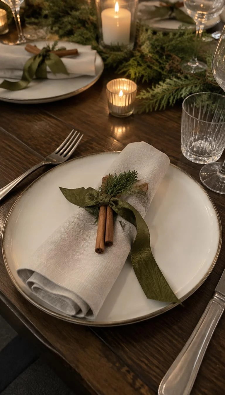 A candid, realistic iPhone photograph of a Christmas dinner place setting, showing rolled linen napkins tied with olive green twill ribbon and two natural cinnamon sticks, set on rustic dark wood, soft lighting.