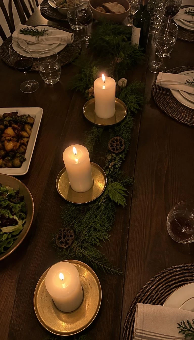 A candid, realistic iPhone photograph of a holiday dining table, raw circular brass candle plates holding thick white pillar candles along a dark timber runner, warm candle glow, intimate overhead perspective.