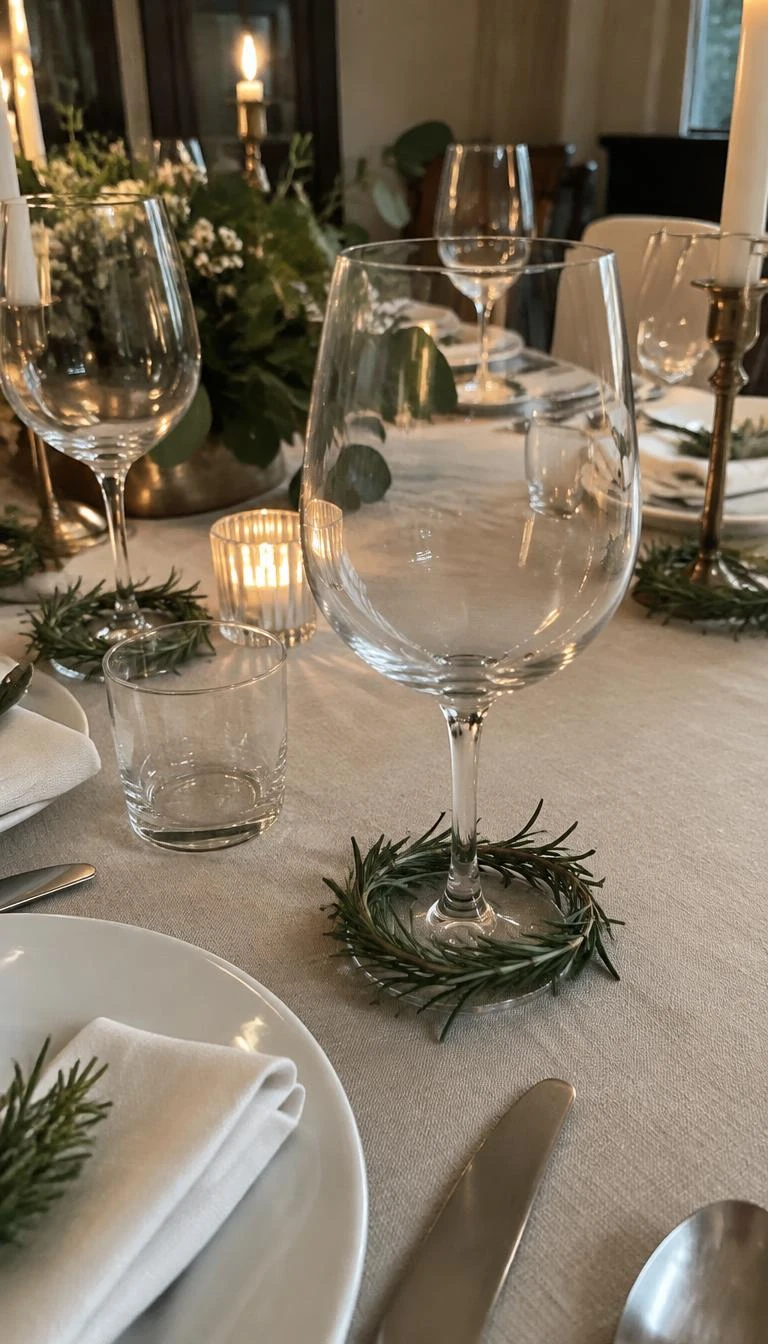 A candid, realistic iPhone photograph of a holiday dinner table, delicate mini rosemary branch wreaths resting at the base of clear stemware wine glasses on an oatmeal linen tablecloth, soft natural lighting.