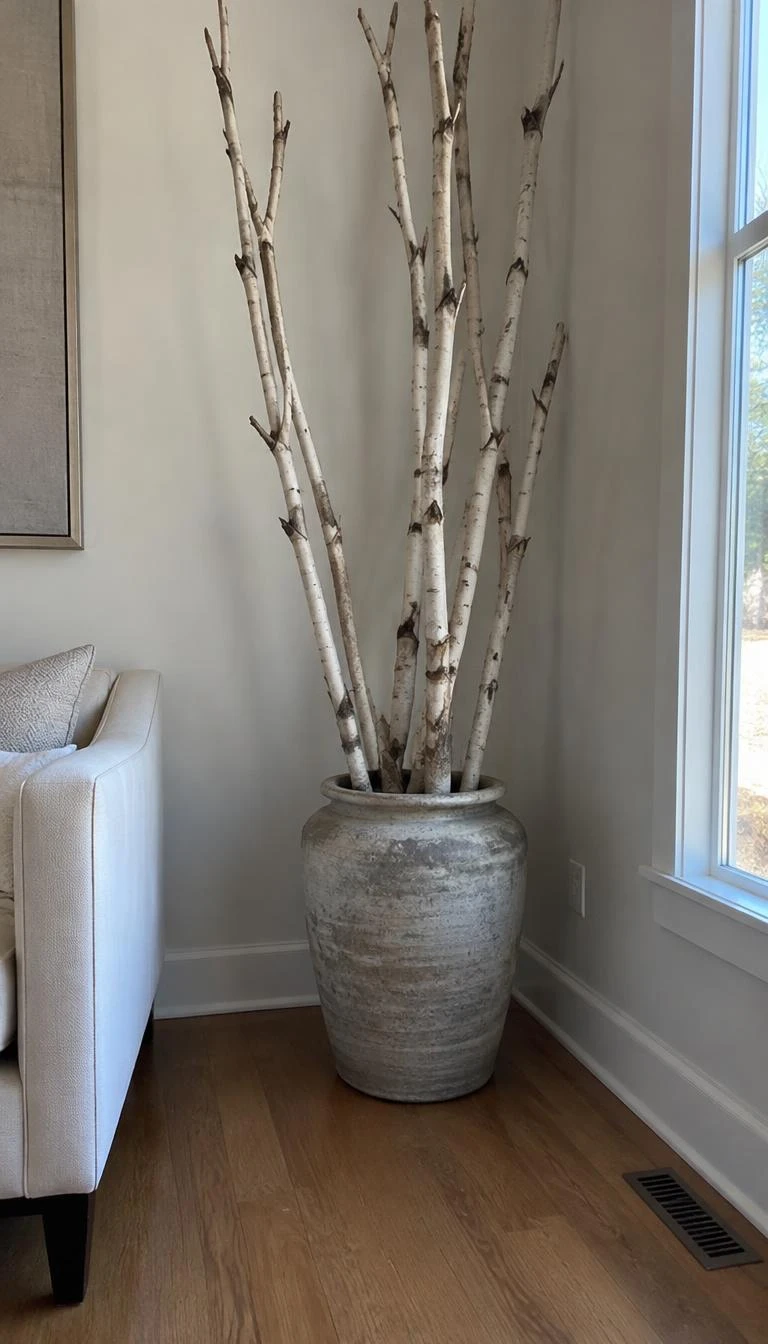 A candid, realistic iPhone photograph of a living room corner, displaying tall chalk white birch branches standing inside an aged gray terracotta planter, resting on a bare hardwood floor with soft daylight.