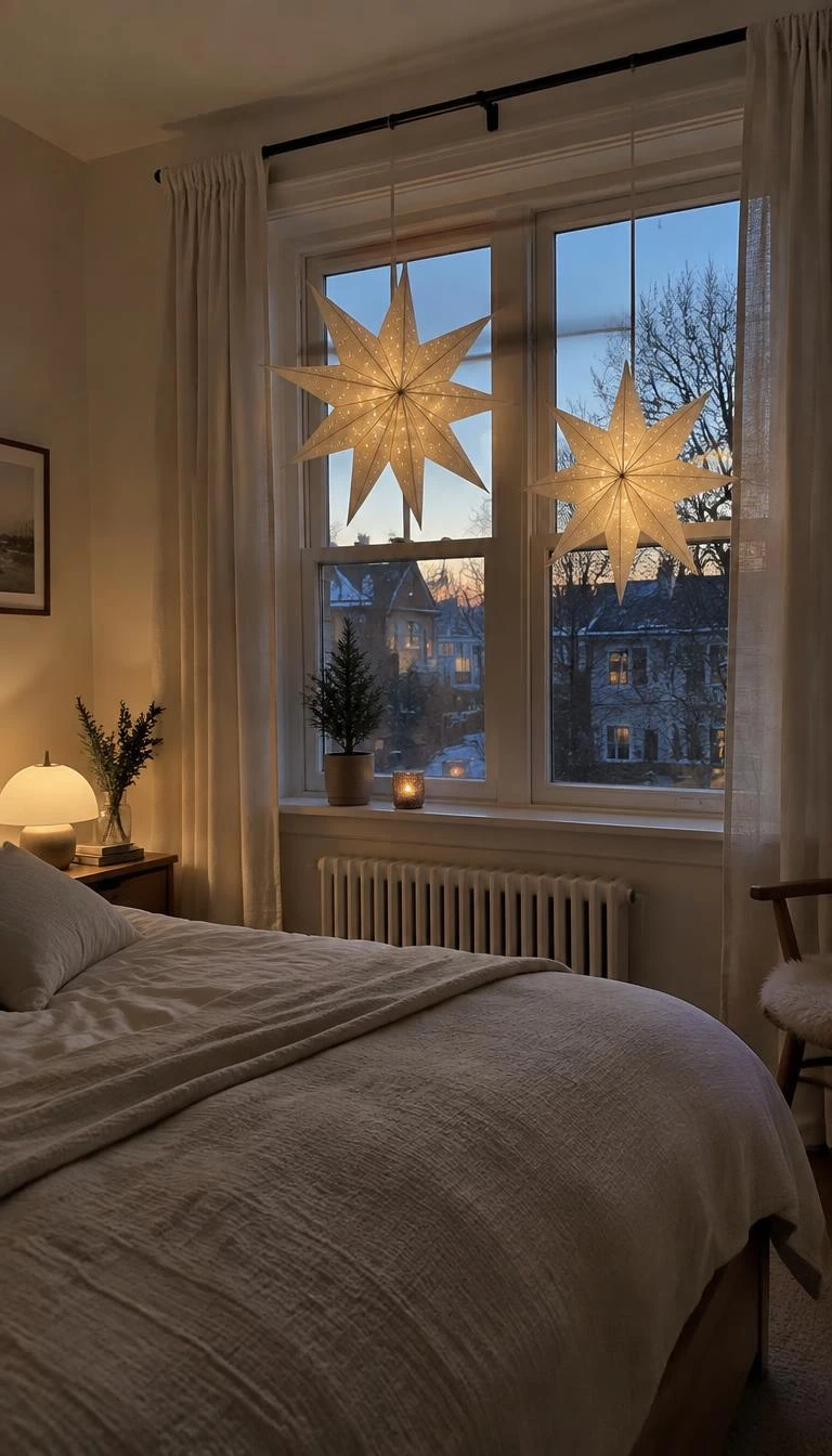 A candid, realistic iPhone photograph of a cozy Scandinavian bedroom, showing two large cream folded paper star lanterns hanging in front of a double hung window at dusk, glowing softly from battery operated warm fairy lights inside.