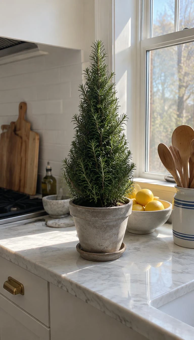 A candid, realistic iPhone photograph of a bright kitchen counter by a window, featuring a cone shaped rosemary topiary planted in a weathered gray clay pot with a small unlacquered saucer beneath it.