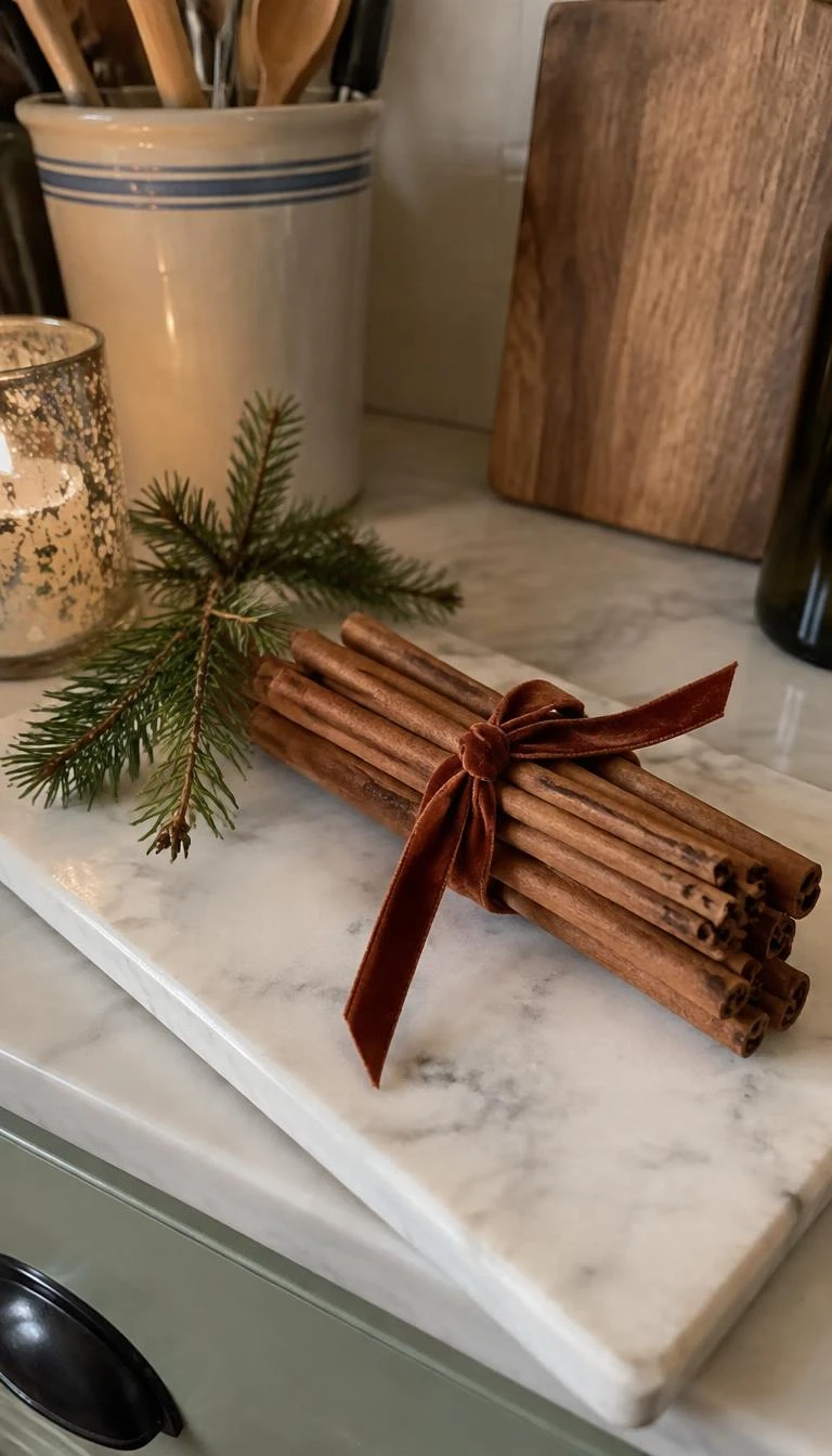 A candid, realistic iPhone photograph of a kitchen counter with a bundle of long whole cinnamon sticks tied with narrow rust brown velvet ribbon, resting on a white marble cutting board beside small pine sprigs.