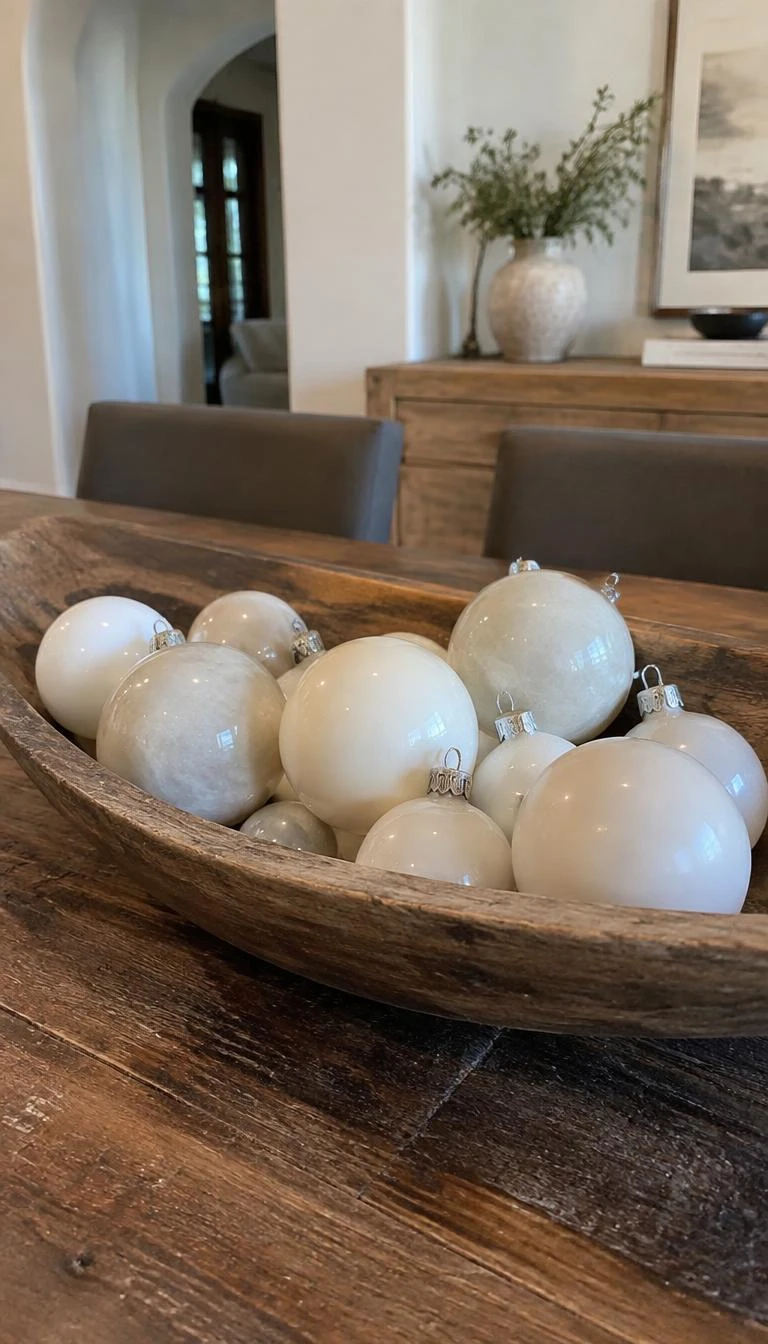 A candid, realistic iPhone photograph of a rustic dining table center, where a shallow carved antique wooden dough bowl is filled with assorted matte off white and chalky cream glass ball ornaments.