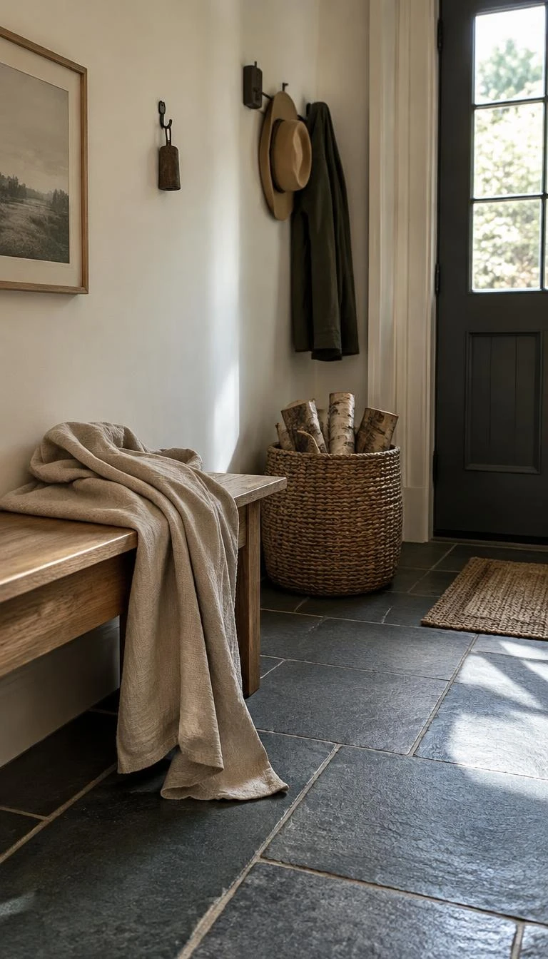 A candid, realistic iPhone photograph of an entryway with an oak wooden bench, draped casually with an oatmeal colored heavy washed linen throw, a woven basket of birch logs resting on the slate tile floor nearby in quiet morning light.