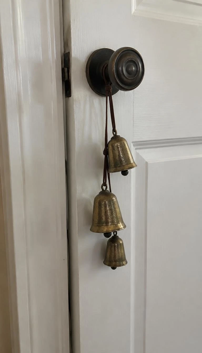 A candid, realistic iPhone photograph of a painted interior bedroom door, showing three tarnished vintage brass bells strung on thin leather cording hanging from an antique bronze doorknob.