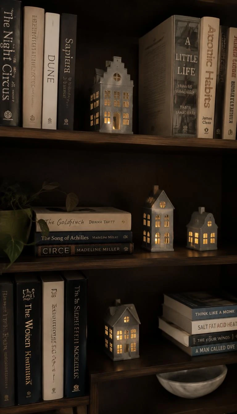 A candid, realistic iPhone photograph of dark wood library bookshelves, where four small matte zinc architectural miniature houses sit between stacks of books, with tiny battery lights glowing through their punched windows.
