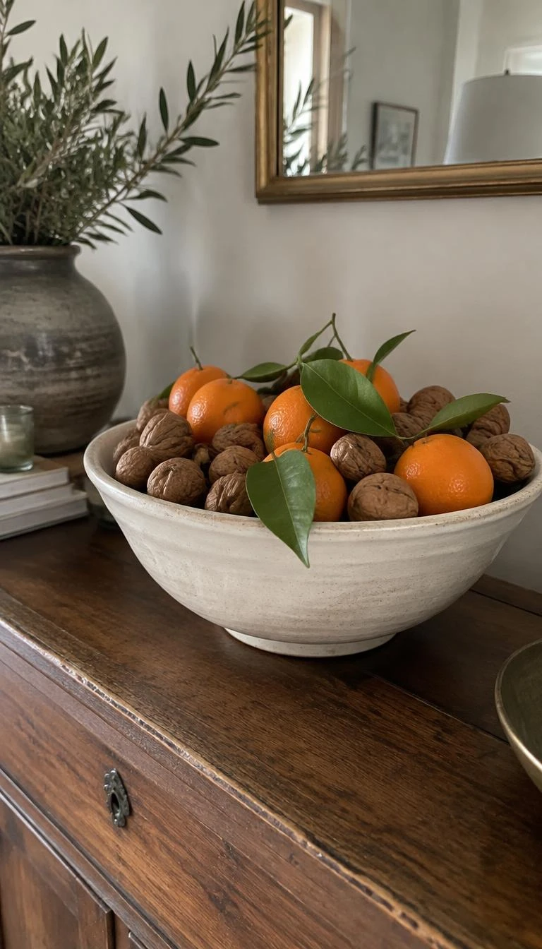 A candid, realistic iPhone photograph of a rustic dining room sideboard, featuring an off white ceramic stoneware bowl filled to the brim with unpeeled walnuts and bright orange clementines with fresh green leaves attached, lit by soft natural daylight.