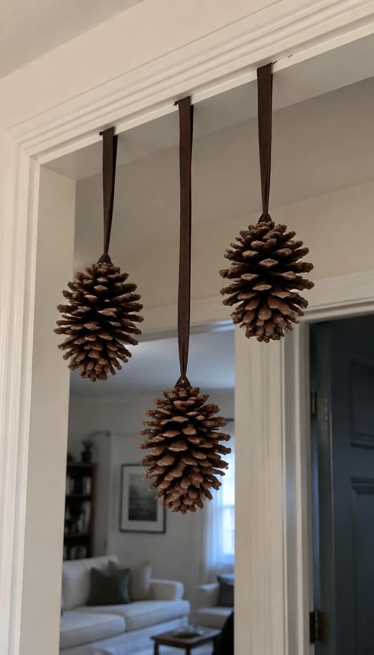 A candid, realistic iPhone photograph of an interior doorway, where three large natural pinecones hang suspended at staggered lengths from chocolate brown grosgrain ribbons tacked into the top molding.