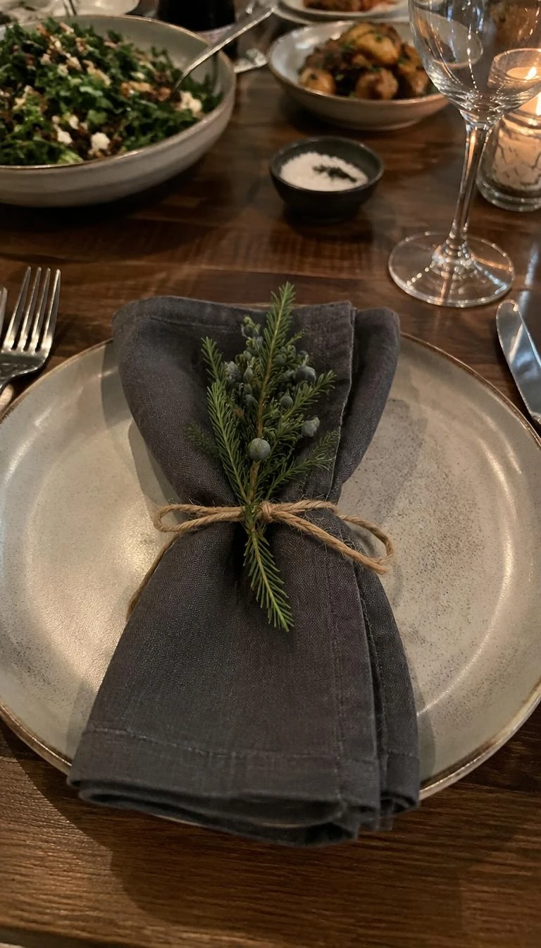 A candid, realistic iPhone photograph of a holiday dinner place setting, showing a folded charcoal linen napkin tied with raw jute string and a single blue green juniper sprig tucked neatly into the center knot.