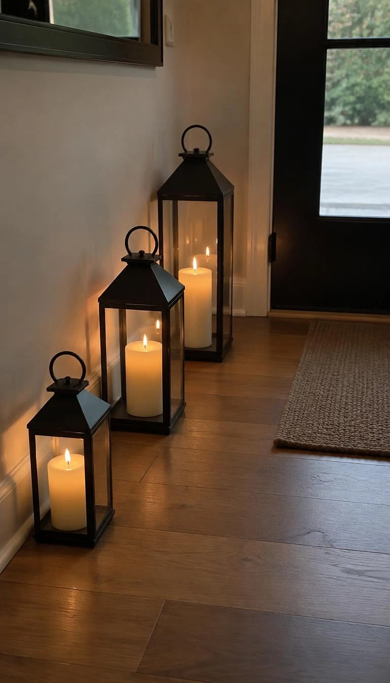 A candid, realistic iPhone photograph of a front entryway floor, featuring three dark iron glass lanterns of varying heights lined along the wall baseboard, glowing with soft pillar candlelight on wooden floorboards.