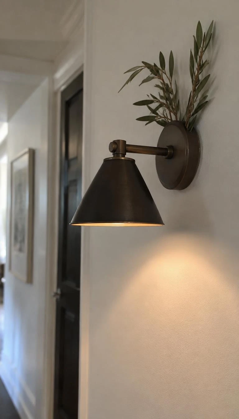 A candid, realistic iPhone photograph of a hallway wall featuring a modern blackened brass light sconce, with two slender fresh olive branch cuttings tucked discreetly behind the mounting plate.