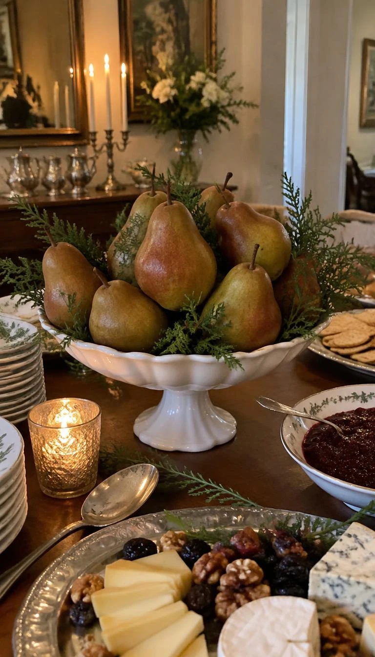 A candid, realistic iPhone photograph of a holiday buffet table, showing a white porcelain footed compote bowl piled high with russet Seckel pears, accented with short juniper sprigs, in soft ambient light.