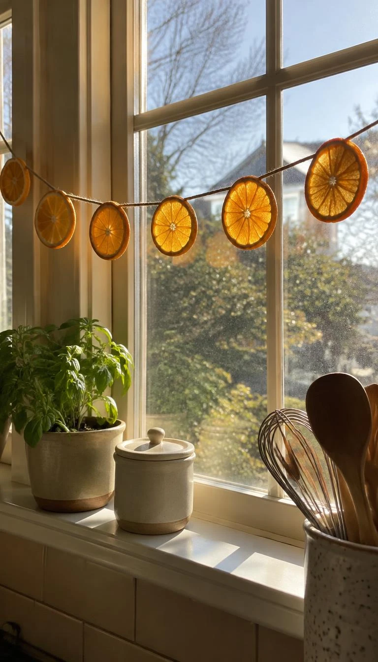 A candid, realistic iPhone photograph of a sunlit kitchen window, featuring a horizontal garland of translucent dried orange slices strung along natural jute twine, glowing with warm amber light from the morning sun.