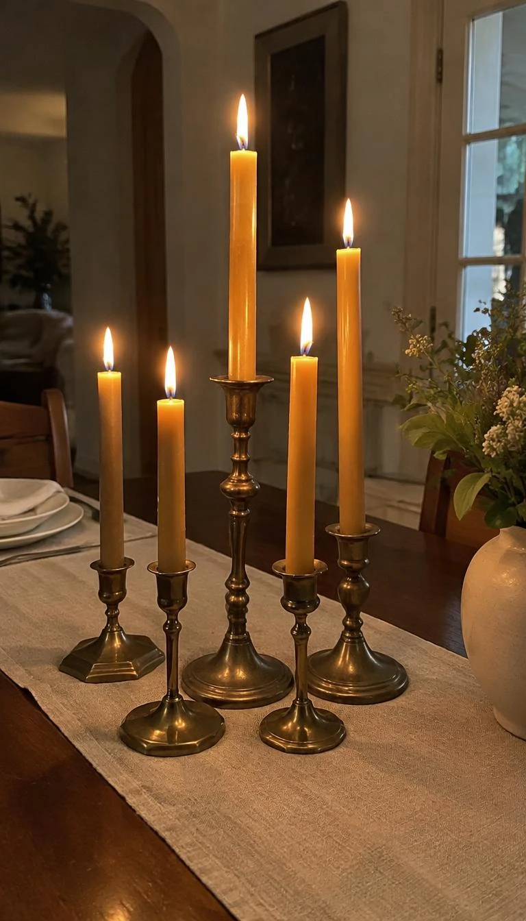 A candid, realistic iPhone photograph of a dining table setting, showing five antique brass candlestick holders of different heights with slender honey yellow beeswax tapers burning gently, casting a warm golden glow onto a plain linen table runner.