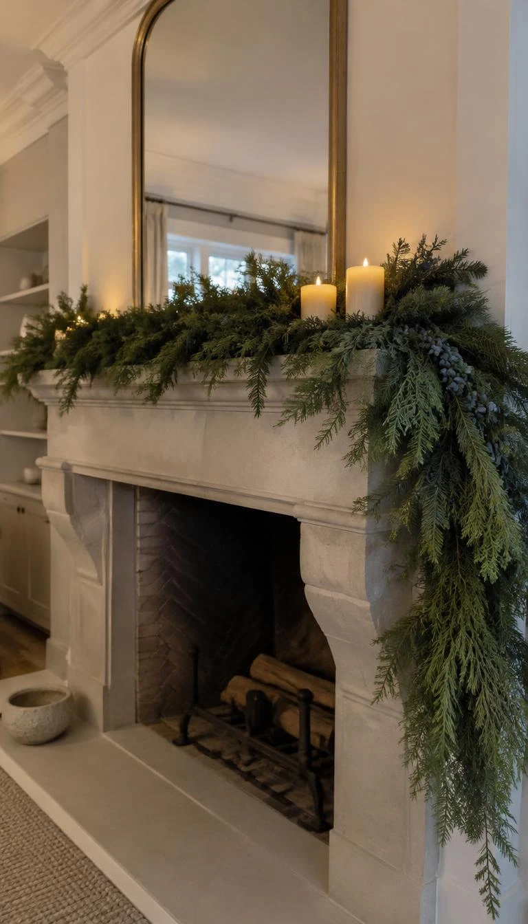A candid, realistic iPhone photograph of a living room fireplace with a limestone mantel, covered in asymmetrical fresh white pine and blue spruce boughs, with three short pillar candles glowing softly in the background.