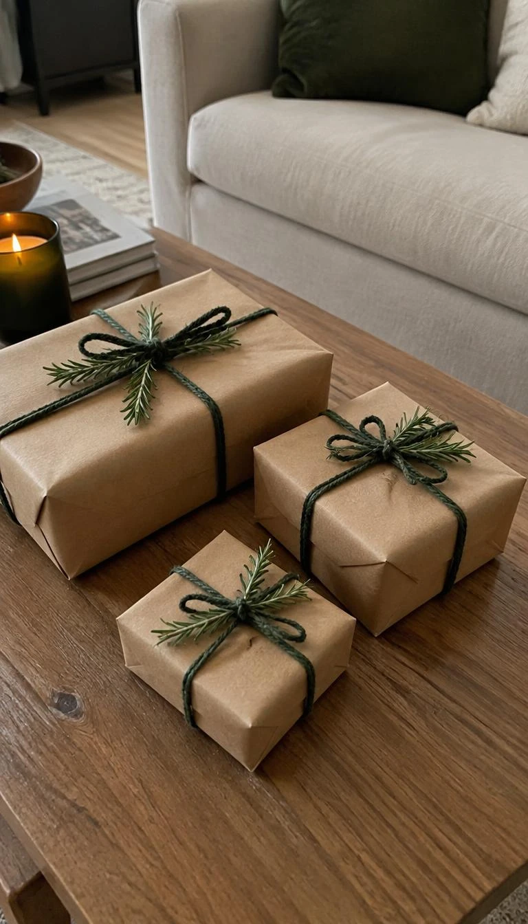 A candid, realistic iPhone photograph of a wooden coffee table with three gift boxes wrapped neatly in plain brown kraft paper, tied with dark green wool yarn, and finished with fresh rosemary sprigs.